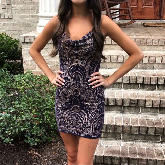 NAVY/PINK COWL NECK MINI DRESS - Picture 3 of 3